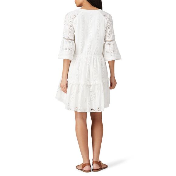 N12H White Cotton Eyelet Pure Peasant Three Quarter Sleeve Poppy Dress XS US 0 - Picture 7 of 16